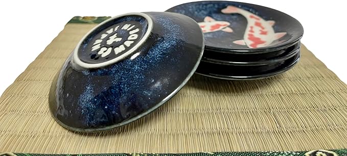 Japanese Mino Ware Ceramic Petite Plate Set, Nishikigoi carp Pattern, 3.54 x 0.59 Inches For Appetizer, Dessert, Sushi sauce, Set of 4