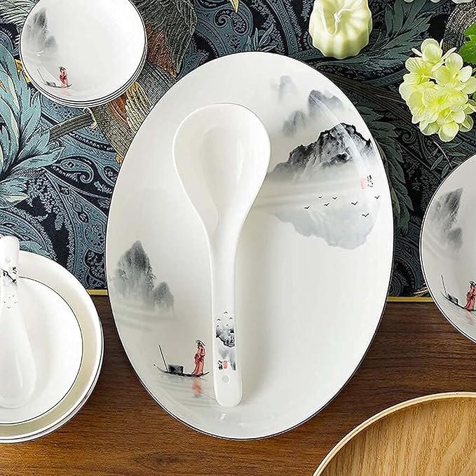 Dinnerware Sets for 4/6/12,Black and White Plates Bowls Set,Chinese Dinner Set,Dish Set/Tableware Ancient Ink Painting Design-for Home,Kitchen Dinning,35 Pieces