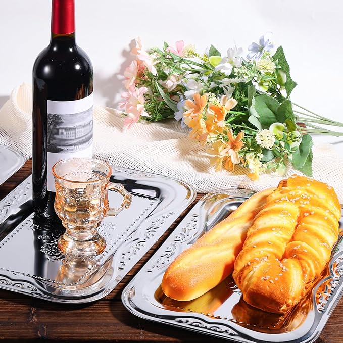 4pcs Silver Serving Trays Set, 13.8"x8.7"/35x22cm Stainless Steel Mirror Polished Decorative Trays Metal Party Platters Elegant Food Display Plate for Charcuterie Desserts Snacks Canapés Fruit