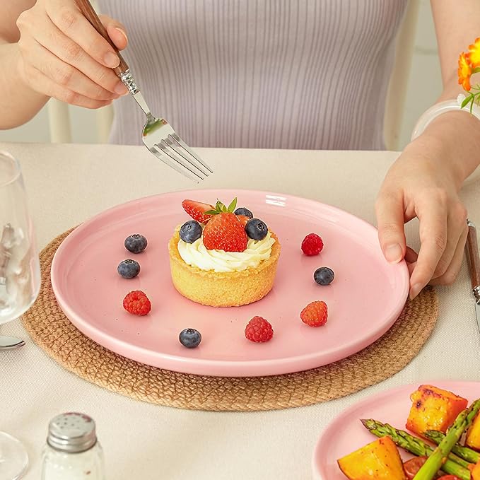 8-Inch Plates Set of 4, Dual Glaze Stoneware Plate, Microwave and Dishwasher Safe, Ceramic Plates for Salads & Desserts, Pink