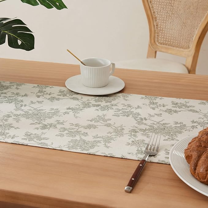 100% Cotton French Pastoral Table Runners, 13x60 Inch Green Farmhouse Table Runners 60 Inches Long, Vintage Flowers Print Home Decors