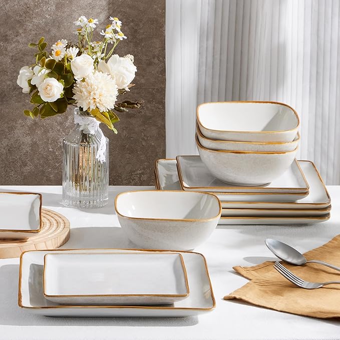 E-far Square Plates and Bowls Sets, 12-Piece Stoneware Dinnerware Sets for 4, Reactive Glaze Dish Set, Chip and Scratch Resistant, Microwave and Dishwasher Safe, Seashell White