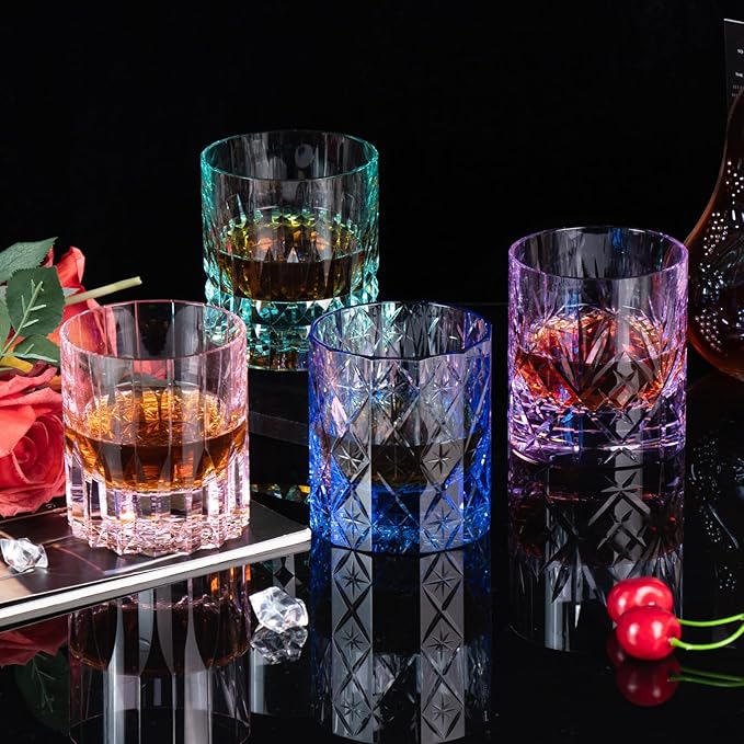 KAMMAK Crystal Whiskey Glasses Set of 2, 7.61 oz (225 ml) Hand Blown Old Fashioned Tumbler, Pink Thick Base Glass with Delicate Rim & Seamless Design for Scotch, Bourbon, Cocktails, Lead-Free Barware