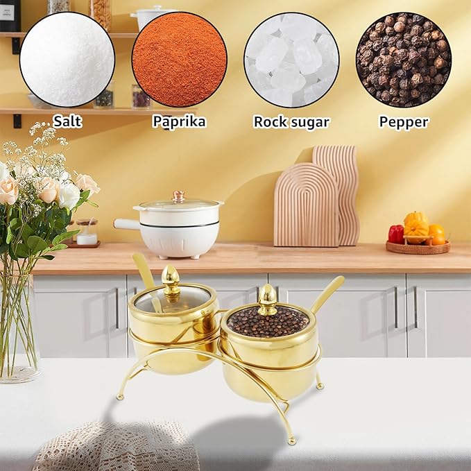 Stainless Steel Sugar Bowl Set with Clear Glass Lid Bracket Rustproof Seasoning Box Smooth Condiment Pots Compact Sugar Container Reusable Seasoning Jar Spice Container for Salt Candy QQIKUUF(golden)