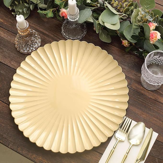 Efavormart 6 Pack | 13" Gold Scalloped Shell Pattern Plastic Serving Plates, Round Disposable Charger Plates
