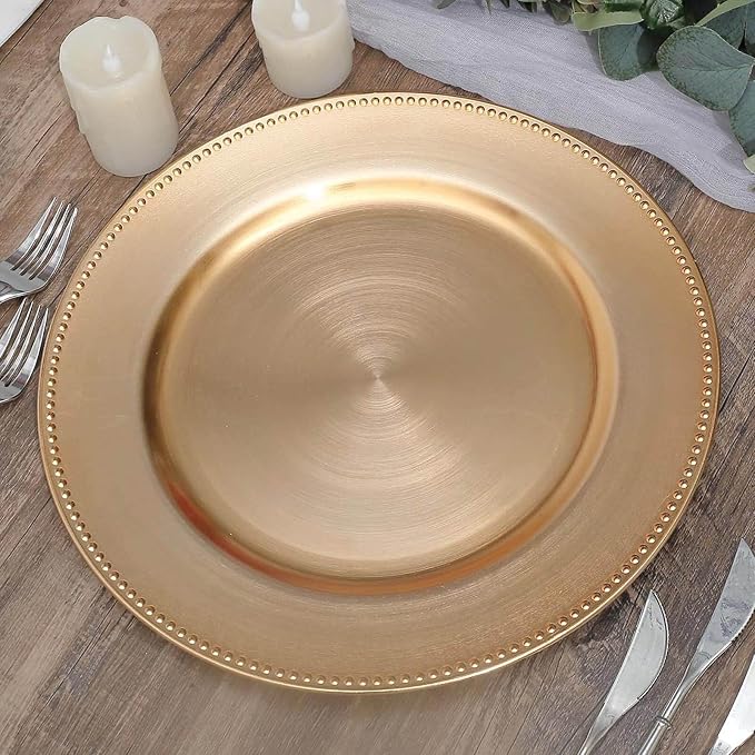 13" Charger Plates -Set of 24 - Acrylic Gold Round Beaded Disposable Chargers, Ideal for Dinner Party Wedding Bulk Events Tabletop Decoration