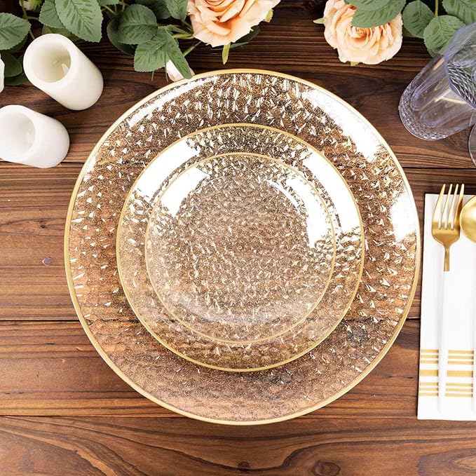 Efavormart 10 Pack Gold Glitter Clear Hammered Plastic Dinner Plates, Round Disposable Party Plates With Gold Rim - 9"