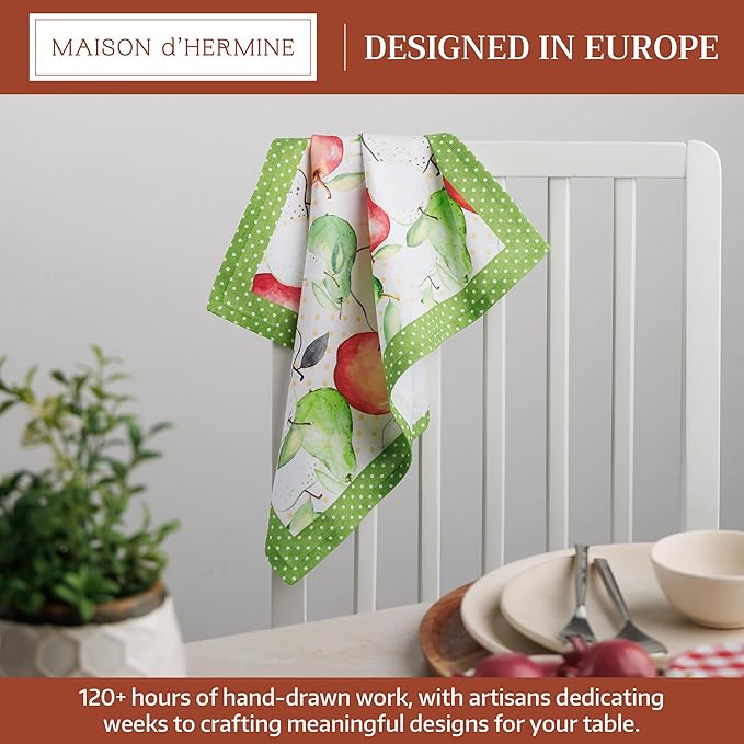 Maison d' Hermine Cloth Napkins Set of 4 100% Cotton Soft & Durable Everyday Reusable Square Napkins Cloth Washable, Dinner, Cocktail Party, Wedding, Restaurant (Apple's & Pears, 18" x 18")