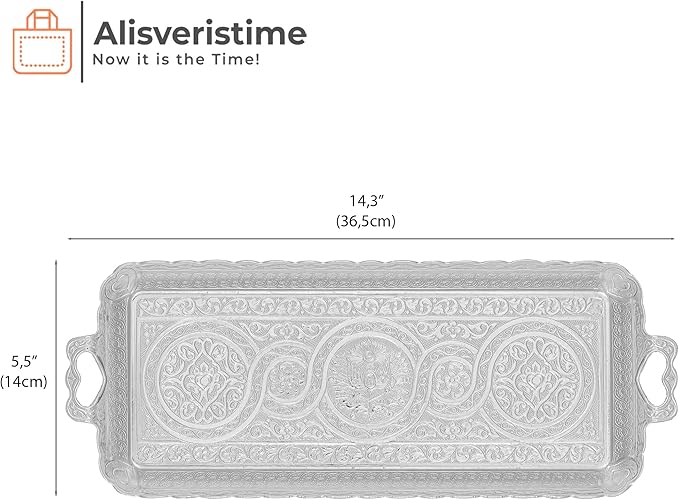 Alisveristime Turkish Ottoman Coffee Tea Beverage Serving Rectangle Tray (Small Tray) (13 INC*5.5 INC) (Silver)
