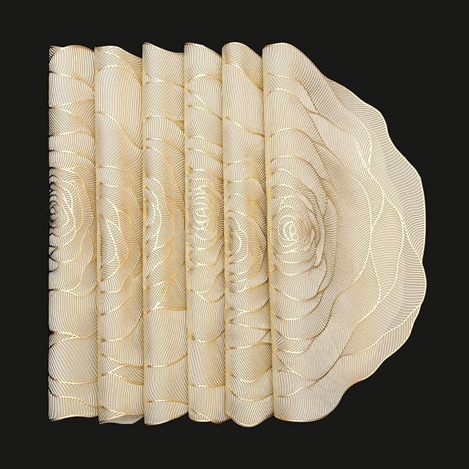 FAVE 6PCS Floral Placemats Golden Placemats Vinyl Placemats Set of 6 for Dining Table Durable Table Mats for Wedding, Banquet, Birthday, Party, Restaurant Decorations（15 x15,Gold Rose）