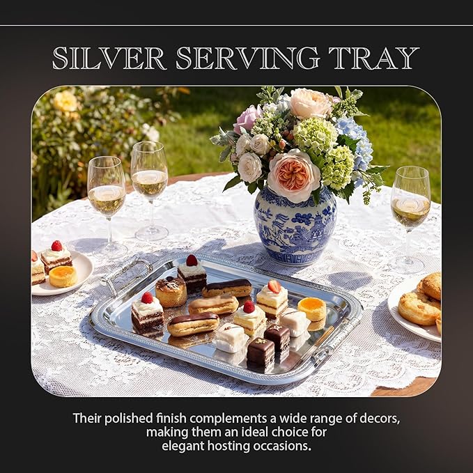 Rtteri Silver Serving Trays with Handles Rectangle Stainless Steel Metal Plate 16.1" x 11.4" Mirror Tray for Cake Cookies Snacks Desserts Fruit Ottoman Coffee Table Living Room Whiskey Table Decor