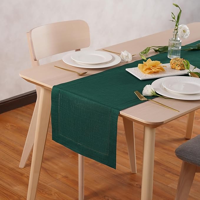 Home Ekaa Green 100% Pure Linen Table Runner 14 x 90 Inch Long - Washable Hemstitch Runner for Christmas, Winter, Holiday & New Year - Elara