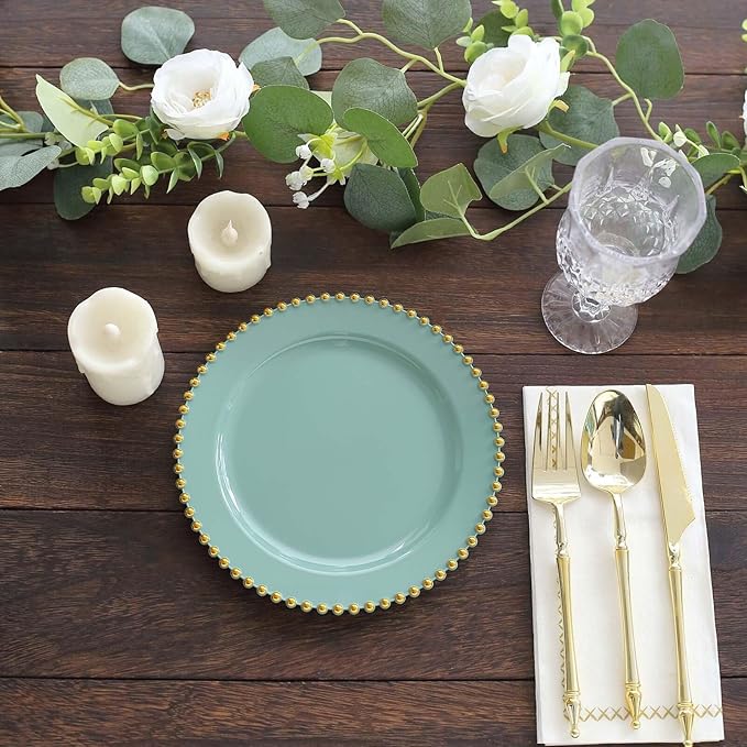 8" Salad Plates - Set of 20 - Plastic Dusty Sage Green/Gold Round Disposable Dessert Appetizer Plate Beaded Rim, Ideal for Dinner Party Wedding Bulk Events
