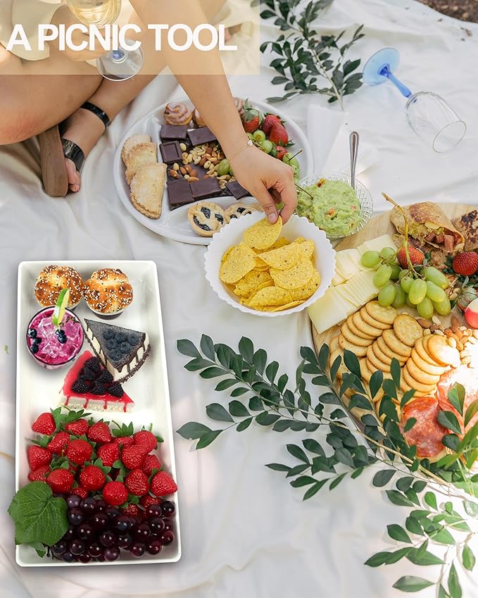 Long Melamine Serving Platter, 17.3x8x1.5 inch Rectangle Serving Trays for Party, Long Serving Platters Plates for Appetizer, Charcuterie, Bread, Fruit, Dessert, Set of 2, White