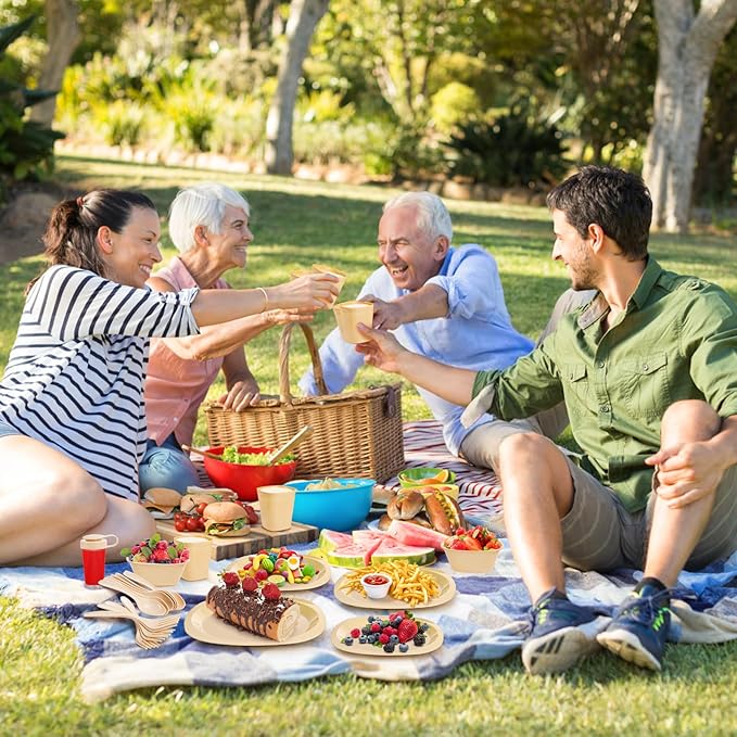 Tebery 46 Pack Camping Dinnerware Set for 6 Portable, Reusable Plastic Plate Bowl Fork Spoon Salt Pepper Shaker Set with Basket, Food Grade Picnic Dishes Cutlery Kit for Outdoor, Party, Travel, BBQ