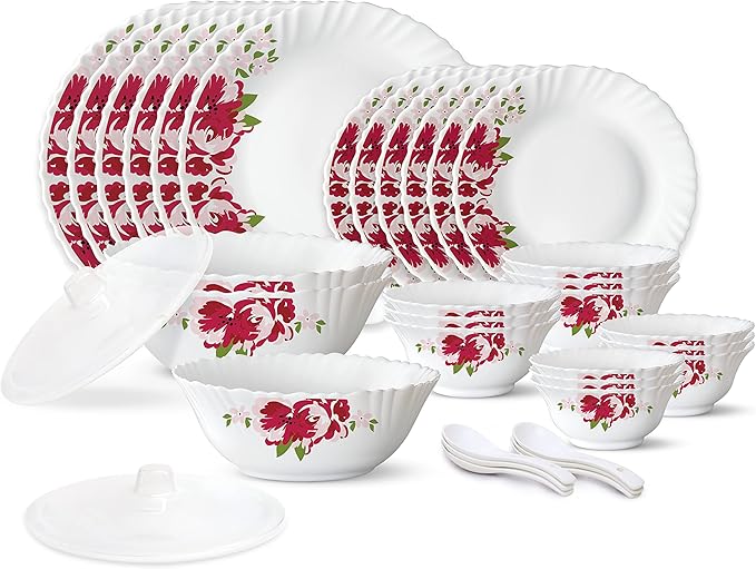 Borosil Gourmet Dinnerware Set For 6, 35 Pieces, White Dinner Plates and Bowls, Chip Resistant Tempered Opal Glass, Stain Resistant, Dishwasher & Microwave Safe Dinner Set For Gifting, Serves 6
