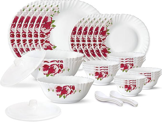 Borosil Gourmet Dinnerware Set For 6, 35 Pieces, White Dinner Plates and Bowls, Chip Resistant Tempered Opal Glass, Stain Resistant, Dishwasher & Microwave Safe Dinner Set For Gifting, Serves 6