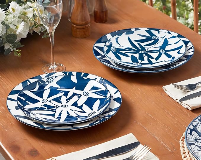 ONEMORE Dinner Plates Set of 4, 8.5 Inch Ceramic Blue and White Salad Dessert Appetizers Plates, Microwave & Dishwasher Safe Scratch Resistant, Small Serving Dish Platters