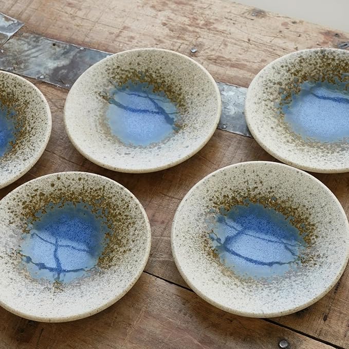Mino Ware Ceramic Plates Set of 5, 5.5-Inch Japanese Small Appetizer & Dessert Dishes, Handcrafted Blue Watercolor Glaze Design, Microwave & Dishwasher Safe, Made in Japan