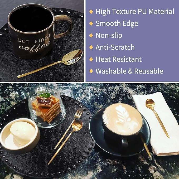 FAVE Black Faux Leather Placemats 13.78Inches Round Placemat Set of 4 Heat Resistant Place Mats with Rivets Placemat for Wedding, Banquet, Birthday, Party, Restaurant (Black)