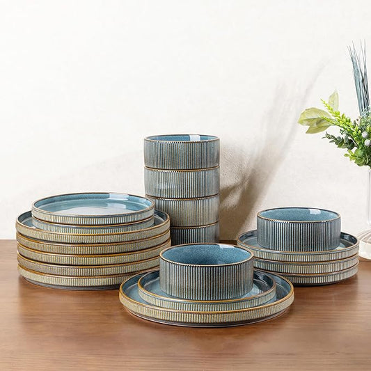 GBHOME 12-Piece Stoneware Dinnerware Set for 4 – Ribbed Ceramic Plates and Bowls, Scratch-Resistant, Microwave & Dishwasher Safe, Reactive Glaze, Deep Ocean