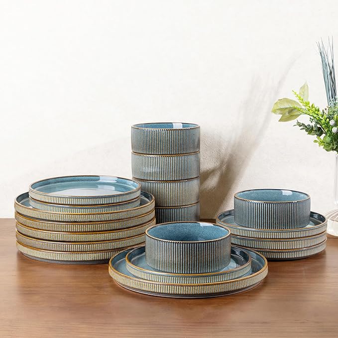 GBHOME 18-Piece Stoneware Dinnerware Set for 6 – Ribbed Ceramic Plates and Bowls, Scratch-Resistant, Microwave & Dishwasher Safe, Reactive Glaze, Deep Ocean
