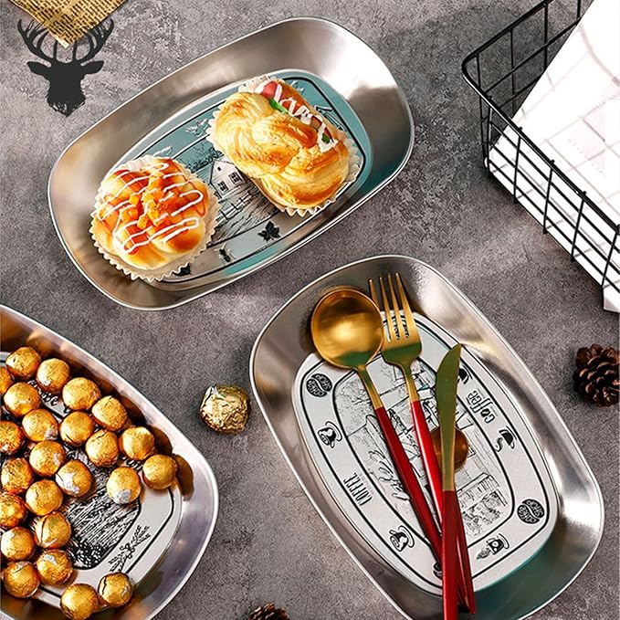 Portable Bread Tray, Oval Metal Picnic Plate Reusable Decorative Bread Serving Tray Multipurpose Tinplate Food Tray for Parties Gatherings (Harvest Style)