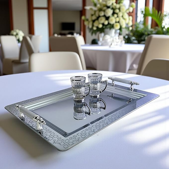 (Pack of 2) 17.9 inch x 12.9 inch Rectangular Chrome Plated Silver Serving Tray with Handles in Different Pattern Stylish Floral Engraved Decorative Party Dessert Platter Plate NC-070