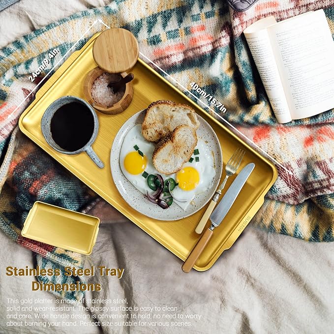 2Pcs Stainless Steel Serving Tray, 15.7 x 9.4In Rectangle Gold Serving Platter with Handle, Decorative Coffee Table Plate, Ottoman Dish for Party Eating Kitchen Food Dessert BBQ (2Pcs)