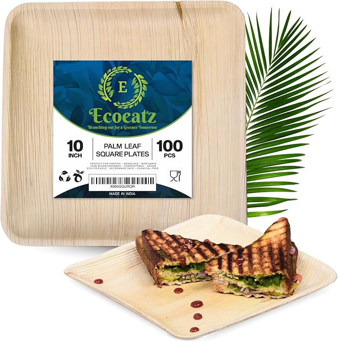 Palm Leaf Plates Square 10" - 100 Bulk Party Pack, Bamboo Square Disposable Plates, Microwave Safe Compostable Dinnerware for Weddings, BBQs, Picnics, and Parties - Sustainable Plates