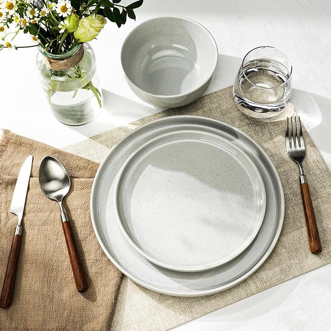 Kitchen Plates and Bowls Set Dinner Set for 4 Handpainted Dinner ware Sets, Microwave Safe Plates and Bowls Sets Stone Plate Scratch Resistant (Moonstone)