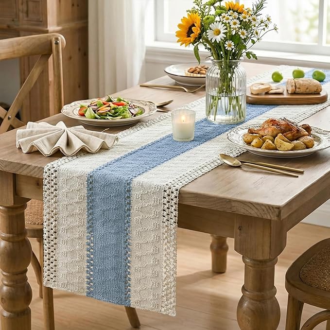 Artoid Mode Sky Blue Farmhouse Rustic Table Runner, Seasonal Holiday Hollow Kitchen Dining Table Decoration for Home Party Decor 12x120 Inch