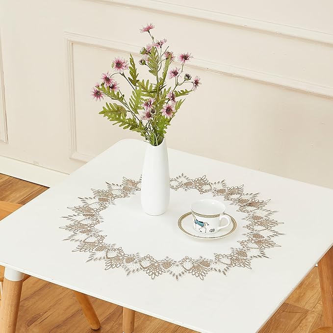 White Linen Doily 24 inches Round Neutral Earth Tones Beige Lace Coffee Table Topper Dresser Scarf Place Mats (White, 24” Round)