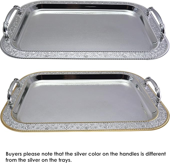 (Pack of 2) 16.5 inch x 11.8 inch Oblong Chrome Plated Serving Tray with Handles Stylish Design Floral Engraved Iron Gold Edge Decorative Party Wedding Buffet Wine Platter Plate FST-012