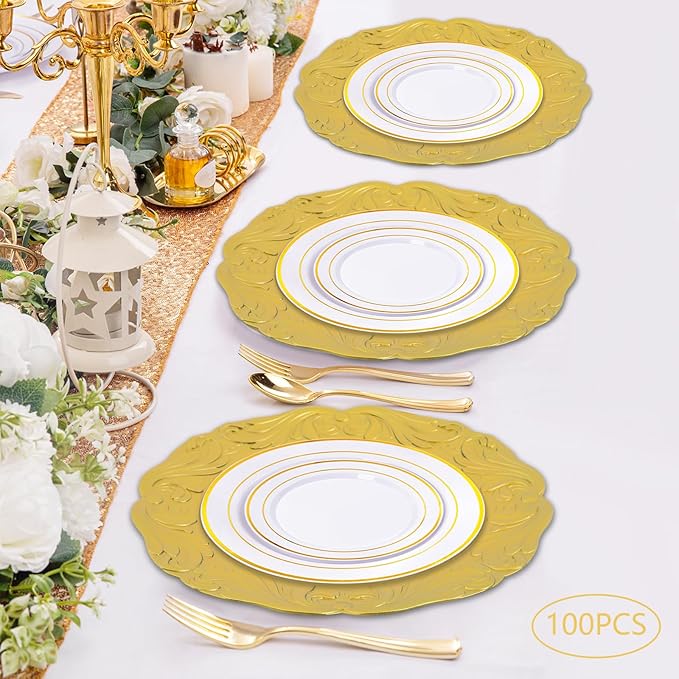 100 Pcs Antique Charger Plates Bulk Round Plastic Dinner Plate Embossed Rim Server Plate Decorative Chargers Floral Plates for Dinner Parties Wedding,13 Inch (100pcs-gold3)