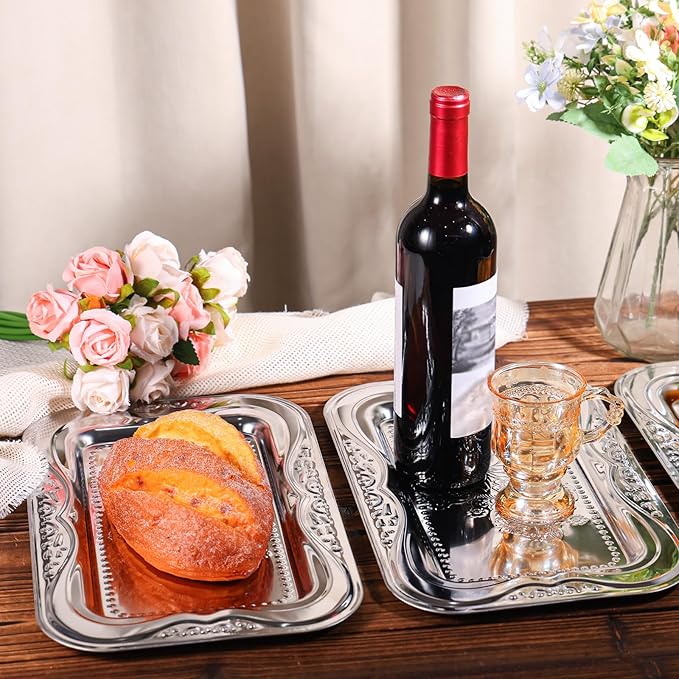 4pcs Silver Serving Trays Set, 13.8"x8.7"/35x22cm Stainless Steel Mirror Polished Decorative Trays Metal Party Platters Elegant Food Display Plate for Charcuterie Desserts Snacks Canapés Fruit