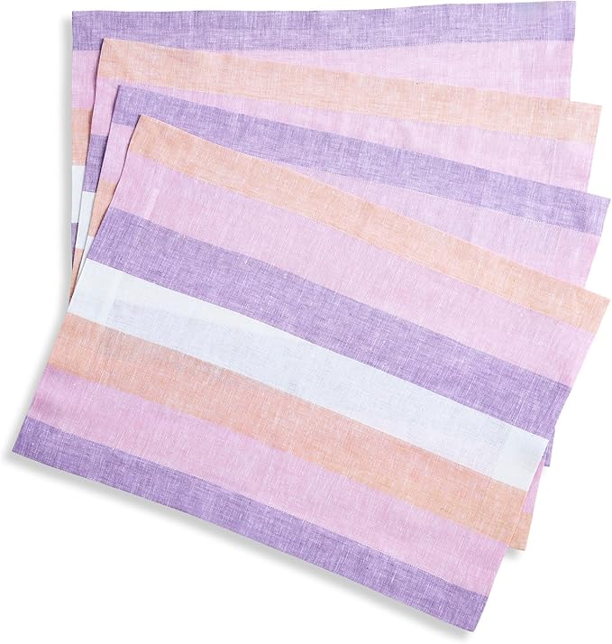 Solino Home Linen Placemats Set of 4 - Multicolor Gelato Stripe Placemats 14 x 19 Inch - 100% Pure Linen Place Mats