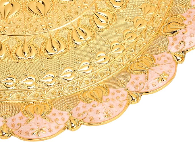 Gold Silver Tray,Gold Turkish Round Coffee Tea Serving Tray Vintage Embossed Pattern Round Coffee Plate for Bar Outdoor Dresser Dessert (Gold)