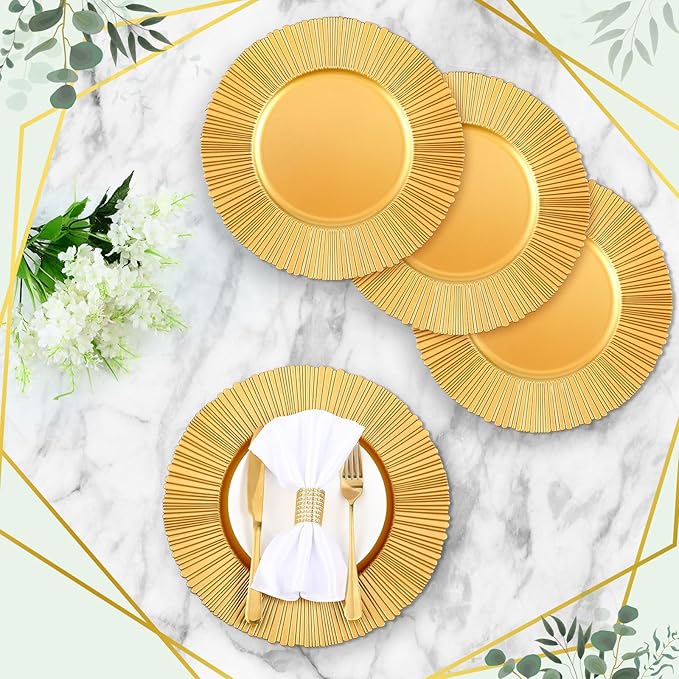 Yaomiao 50 Pcs 13 Inch Gold Charger Plates Bulk Plastic Plates Chargers Round Dinner Chargers for Wedding Party Table Setting Bridal Shower Event Decor (Gold)