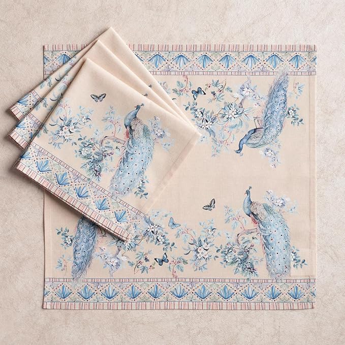 Maison d' Hermine Napkins 100% Combed Cotton Premium Set of 4 Decorative Cloth Napkin Washable Dinner Napkins for Holiday, Dinner, Wedding & Dining - Peacock Utopia - Sandy Beach (20”x20”)