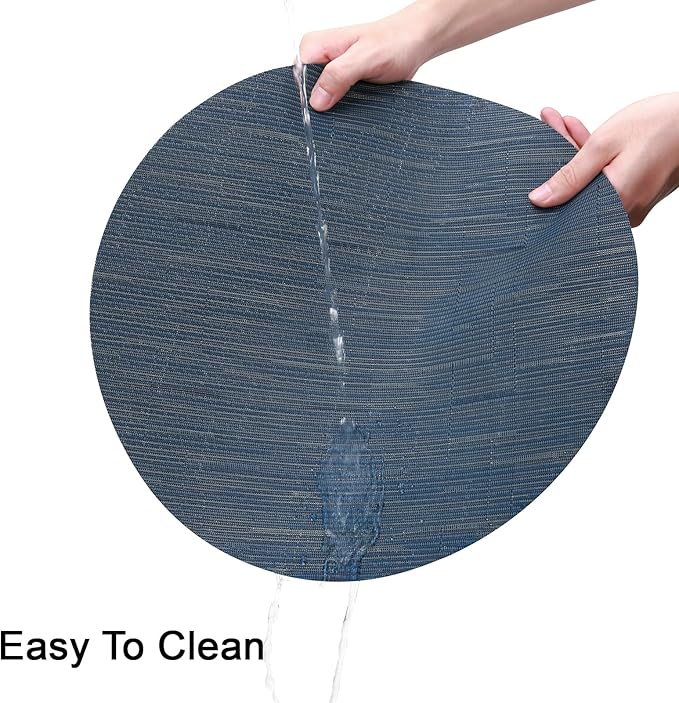 Round Placemats Set of 8 Heat Resistant Vinyl Placemats 15 inch Washable Non-Slip Table Mats Woven Place Mats for Dining Table (Black + Dark Blue, Set of 8)