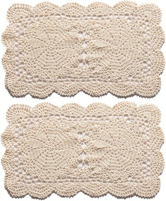 Handmade Rectangle Doilies, 2-Piece Handmade Crochet Cotton Doilies Lace Table Crochet Placemats Coaster (Beige)