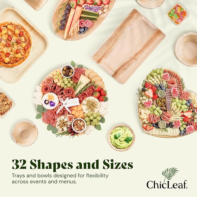 Chic Leaf 10x14 Disposable Charcuterie Boards, 20 Pack - Oval Palm Leaf Trays for Christmas & Holiday Parties - Heavy Duty Serving Platters for Fruit, Cheese, & Cookie Display - Microwaveable