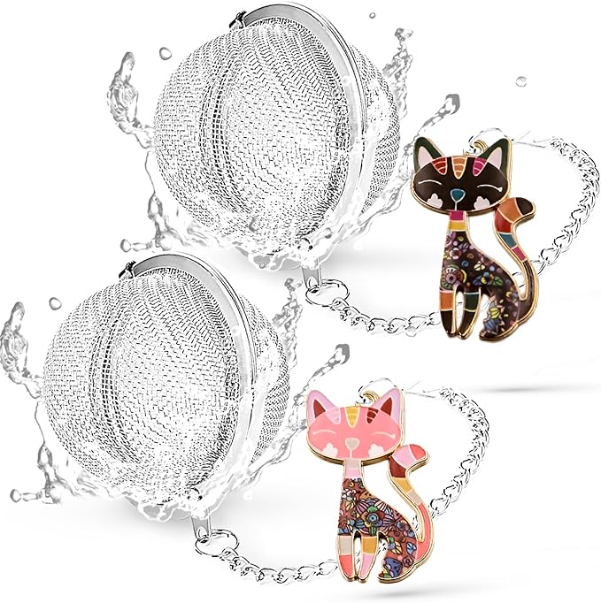 Cat Tea Infuser 2 Pack - Loose Tea Leaf Steeper with Playful Pink & Black Cat Charms, Fine Mesh Tea Ball for Loose Leaf Tea, Premium 304 Stainless Steel, Purrfect Gift for Tea Lovers