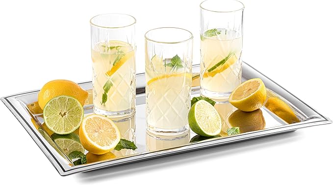 Royalty Art Fancy Serving Tray, 16” x 9.5”, Polished Silver Stainless Steel, Elegant Home Decor for Appetizers, Hor Dourves, Wine, and Event Hosting, Engraved Black Line