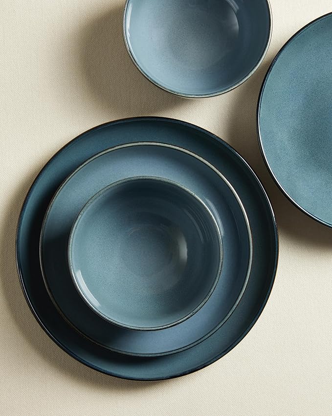 32 Piece Double Bowl Dinnerware Sets with Pasta Bowls, Highly Chip and Crack Resistant Plates and Bowls Sets, Natural Earthyware Ceramic Dishware Sets, Service for 8 Jeans Blue