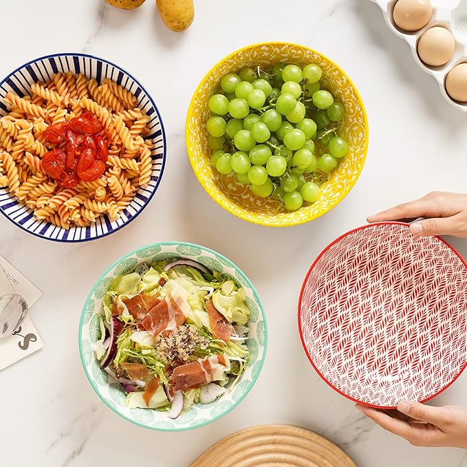 Selamica Ceramic 30 Ounce Large Pasta Bowls Set of 4, 8 inch Salad Bowl Wide and Shallow Microwave Dishwasher Safe, Assorted Corlors