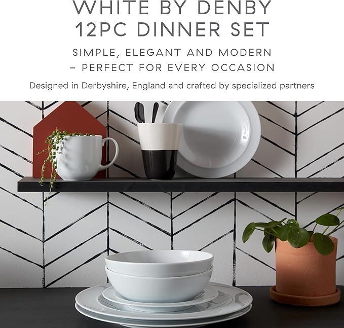 Denby - White By Denby Dinner Set For 4-12 Piece Tableware Set - Fine Porcelain Dinnerware Set - Dishwasher Microwave Oven Safe, Scratch Resistant - 4 x Dinner Plates, Small Plates & Cereal Bowls