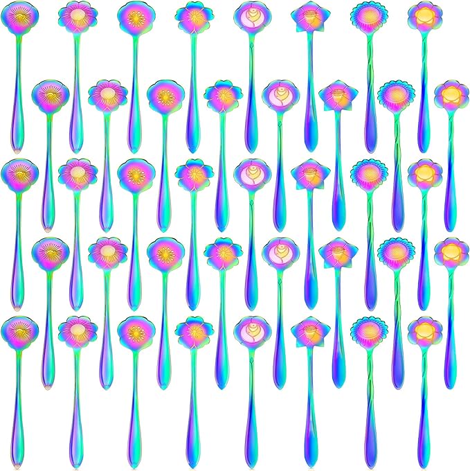 Eboot 40 Pcs Rainbow Flower Teaspoon Stainless Steel Tea Party Spoons Mini Cute Teaspoon Stirring Coffee Sugar Drink Demitasse Espresso Spoons for Bridal Baby Shower Wedding Party Favors Decorations