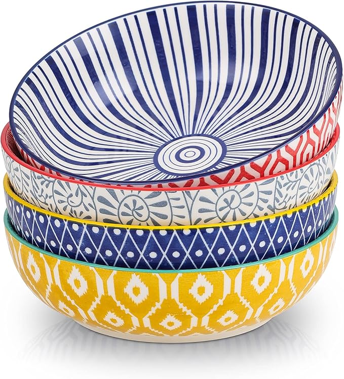 Selamica Ceramic 30 Ounce Large Pasta Bowls Set of 4, 8 inch Salad Bowl Wide and Shallow Microwave Dishwasher Safe, Assorted Corlors